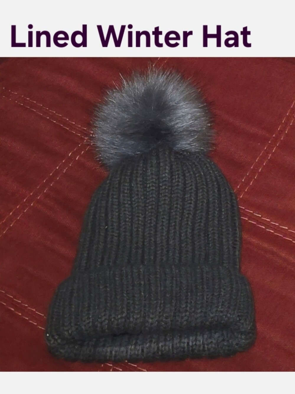 Ladies Gray Knit Beanie Hat with Pom Pom Lined With Black Faux Fur Winter Cap